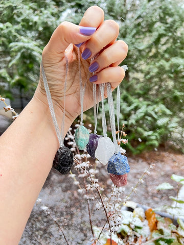 Gift Set of 6 Raw Crystals on Short Ribbon, Use as Ornaments, Pendulum, Decor, Chakra Stones