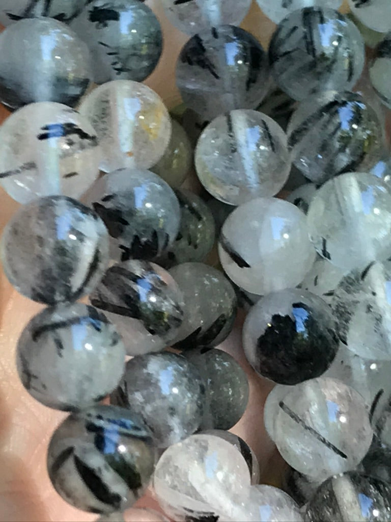 Black Tourmaline Quartz 8 mm Bracelet for Grounding & Holding Intentions, Stretchy, Tourmalated Quartz