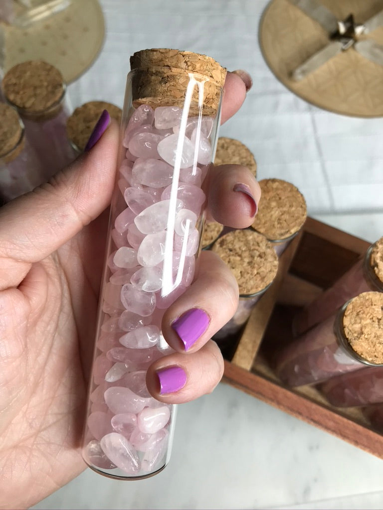 Rose Quartz Chips Gift Jar in Glass Vial with Cork Top, XL, 100 grams of Crystals