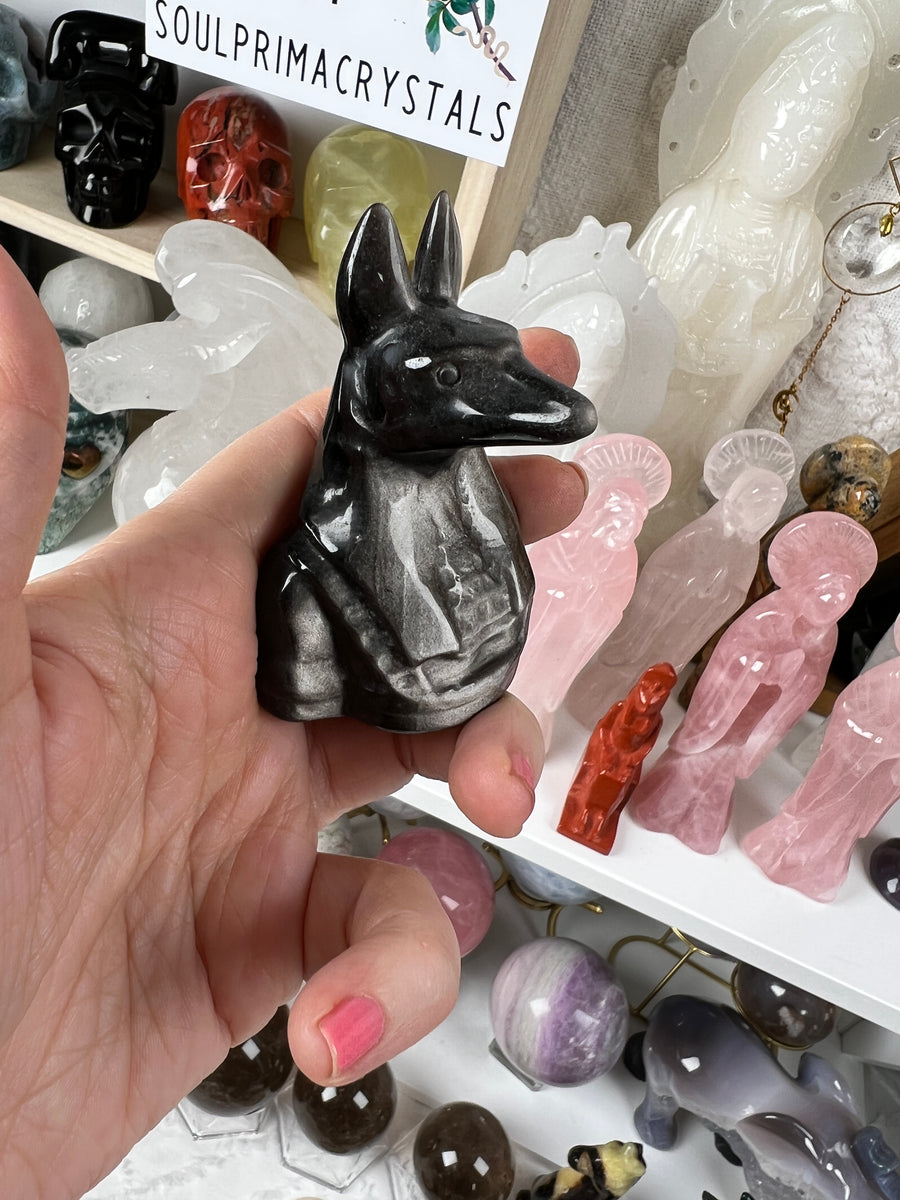 Egyptian Anubis Carving Statue, Black Obsidian or Obsidian with Silver Sheen