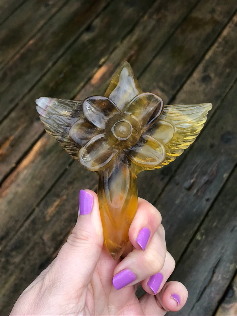 Yellow Fluorite Angel Flower Cross
