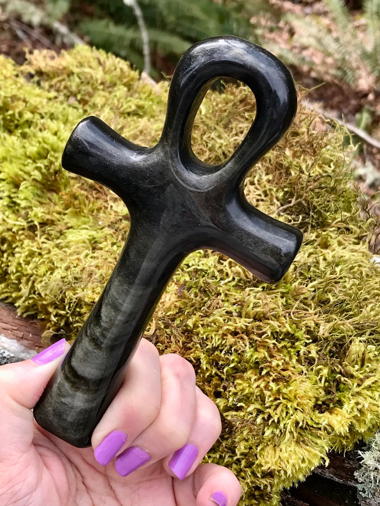 Gold Obsidian Ankh for Prospertiy & Power, 6 Inch