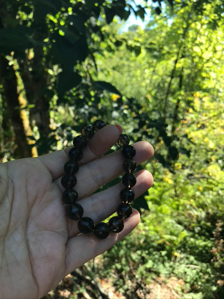 Smoky Quartz Faceted 10 mm Natural Crystal Bracelet, Stretchy, Large Beads