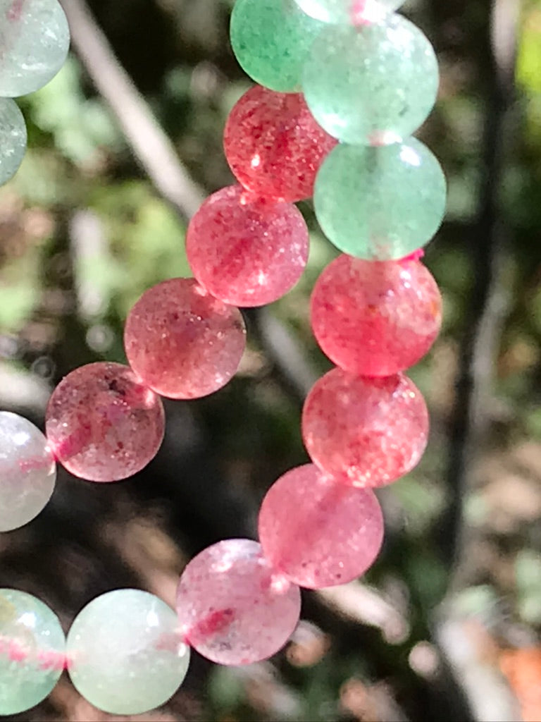 Strawberry Watermelon Quartz 8 mm Crystal Bracelet, Stretchy, Tanzberry, Green and Pink