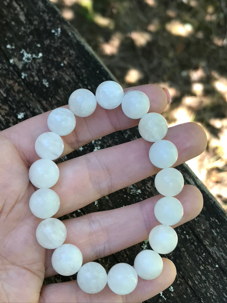 Moonstone 12 mm Natural Crystal Bracelet, Stretchy, Pure White Moonstone