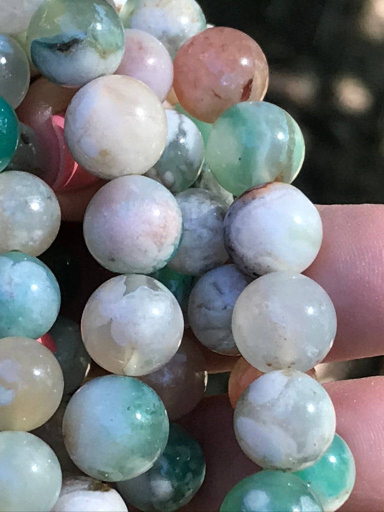 Green Flower Agate 10 mm High Grade Natural Crystal Bracelet, Stretchy, Large Bead Size