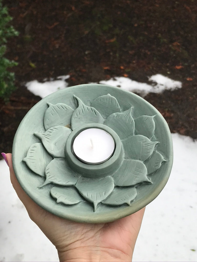 Jade Stone Lotus Tea Light Candle Holder, Altar Offering Bowl, 6 Inch