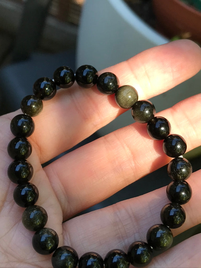 Black Obsidian Sheen 8 mm Natural Crystal Bracelet, Stretchy