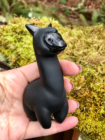 Black Obsidian Llama Alpaca, Large Crystal Carving