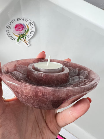 Strawberry Quartz Tea Light Flower Candle Holder, Altar Offering Bowl, 4.75 Inches