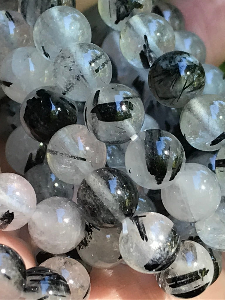 Black Tourmaline Quartz 8 mm Bracelet for Grounding & Holding Intentions, Stretchy, Tourmalated Quartz