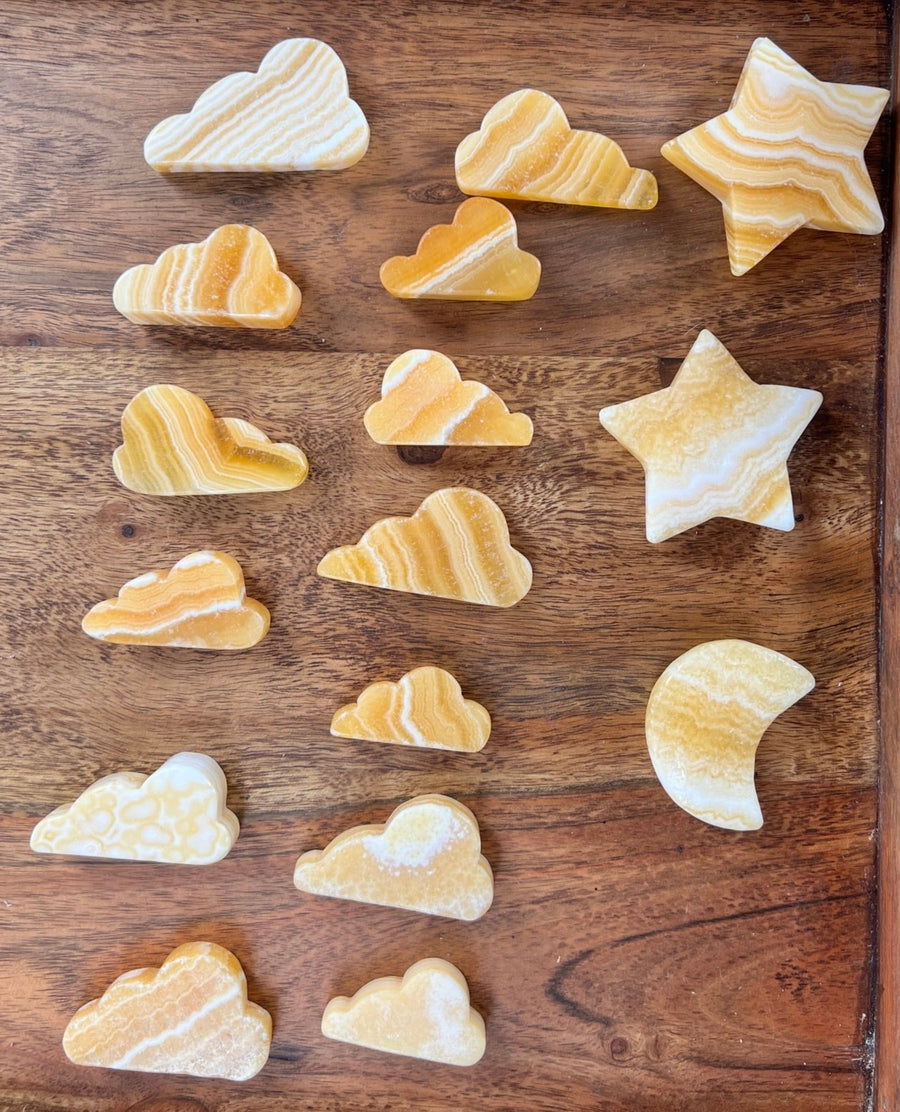 Banded Yellow Calcite Carvings, Assorted Clouds, Moon, Stars, Hearts  -RESERVED FOR INSTAGRAM LIVE SALE--JOIN OUR INSTAGRAM LIVE SALES AT SOULPRIMACRYSTALS, OR EMAIL US AT HELLO@SOULPRIMA.COM FOR INFO