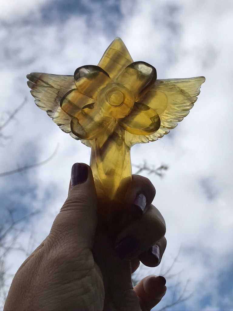 Yellow Fluorite Angel Flower Cross