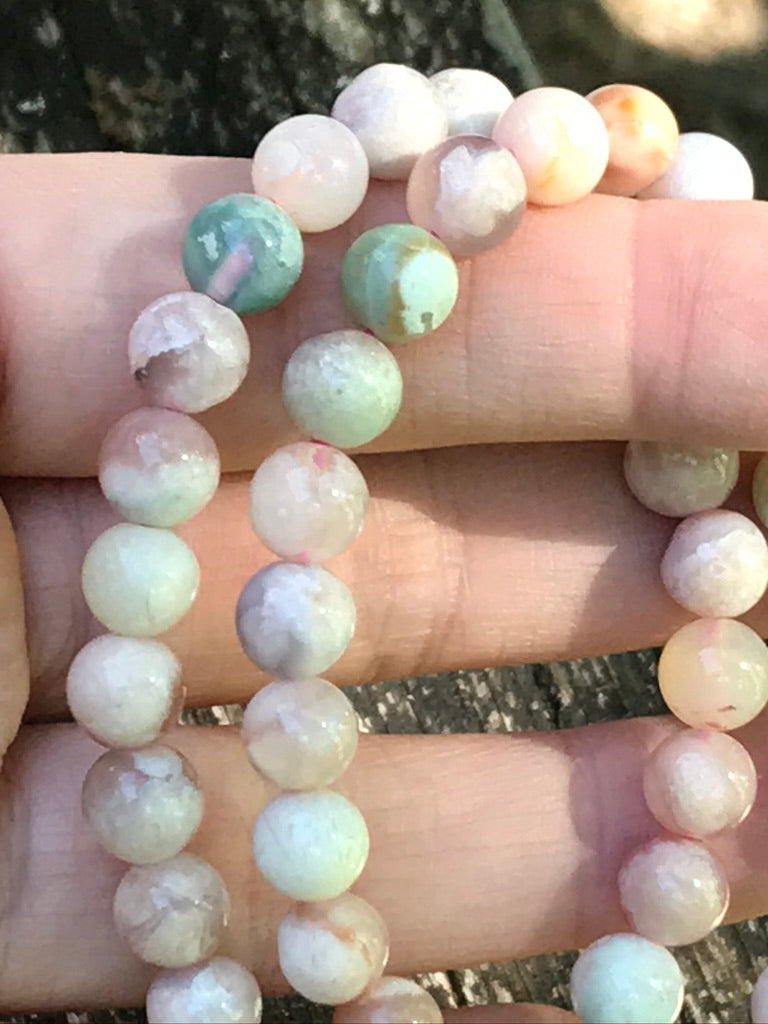 Flower Agate 8 mm Natural Crystal Bracelet, Stretchy, Cherry Blossom