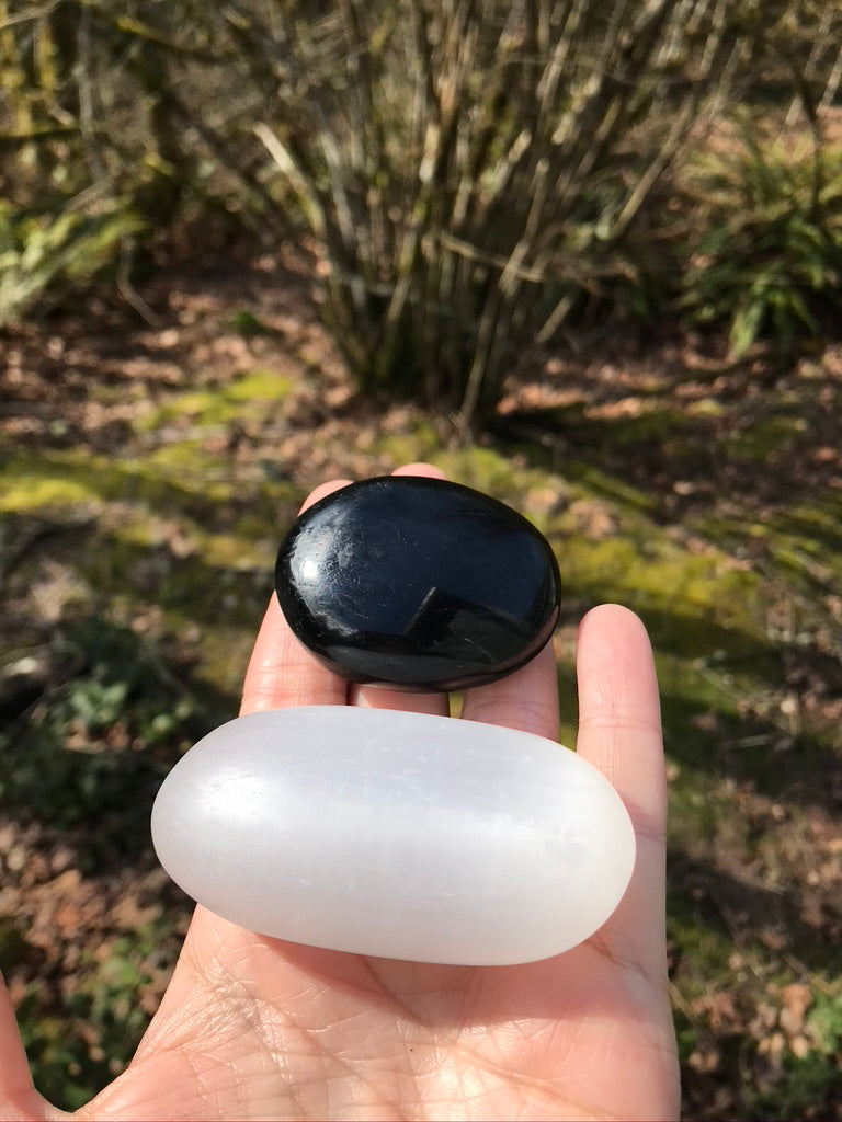 Selenite & Black Tourmaline Energy Harmonizer Palm Set