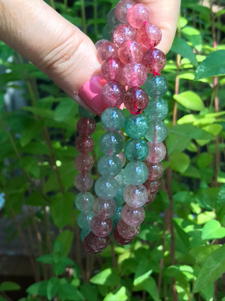 Strawberry Watermelon Quartz 8 mm Crystal Bracelet, Stretchy, Tanzberry, Green and Pink