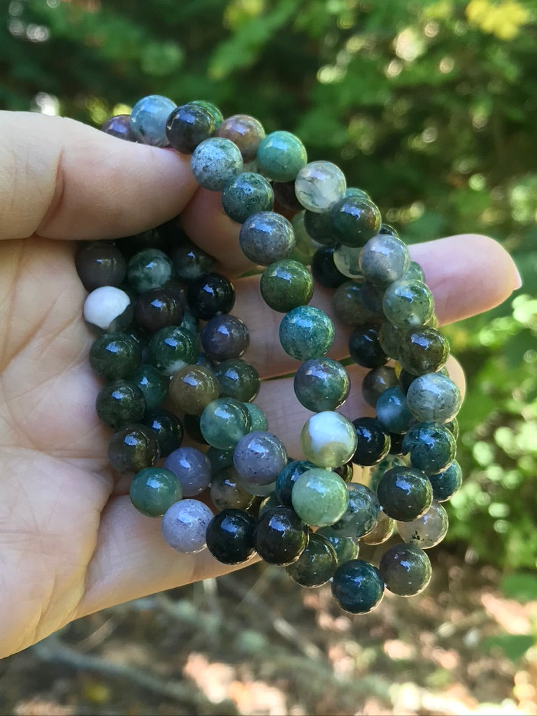 Moss Agate 8 mm Natural Crystal Bracelet, Stretchy