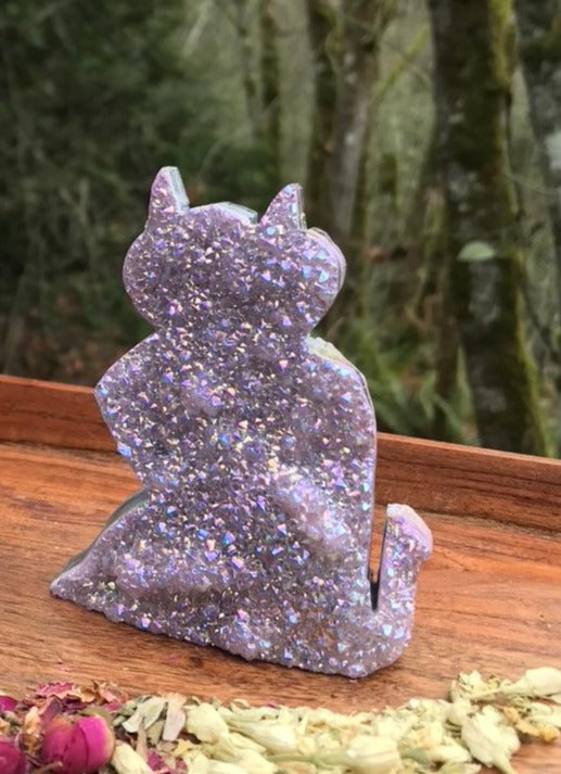 Purple Aura Quartz Druzy Crystal Cat, Large