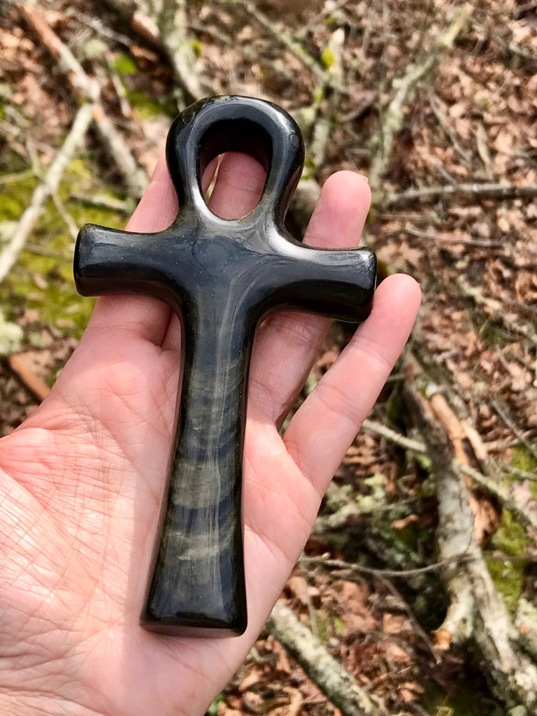 Gold Obsidian Ankh for Prospertiy & Power, 6 Inch