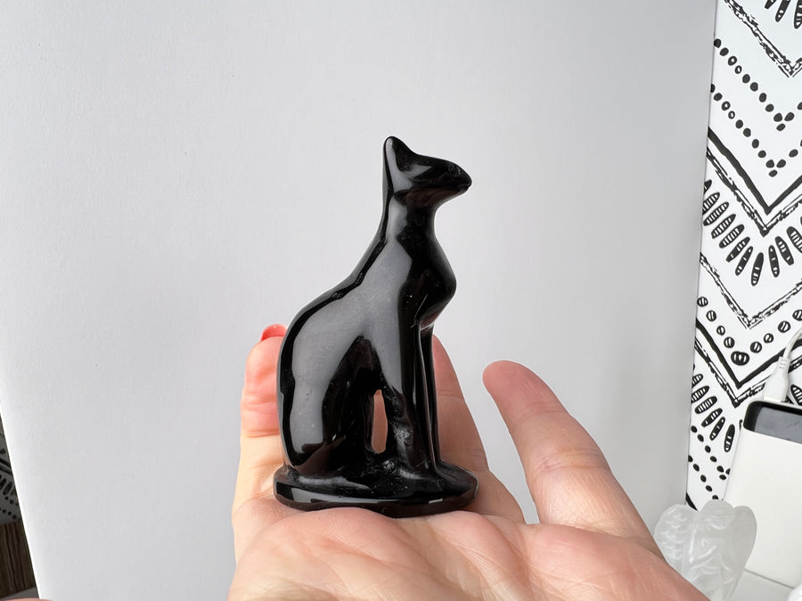 Egyptian Cat Bastet Goddess, Black Obsidian, Choose Size