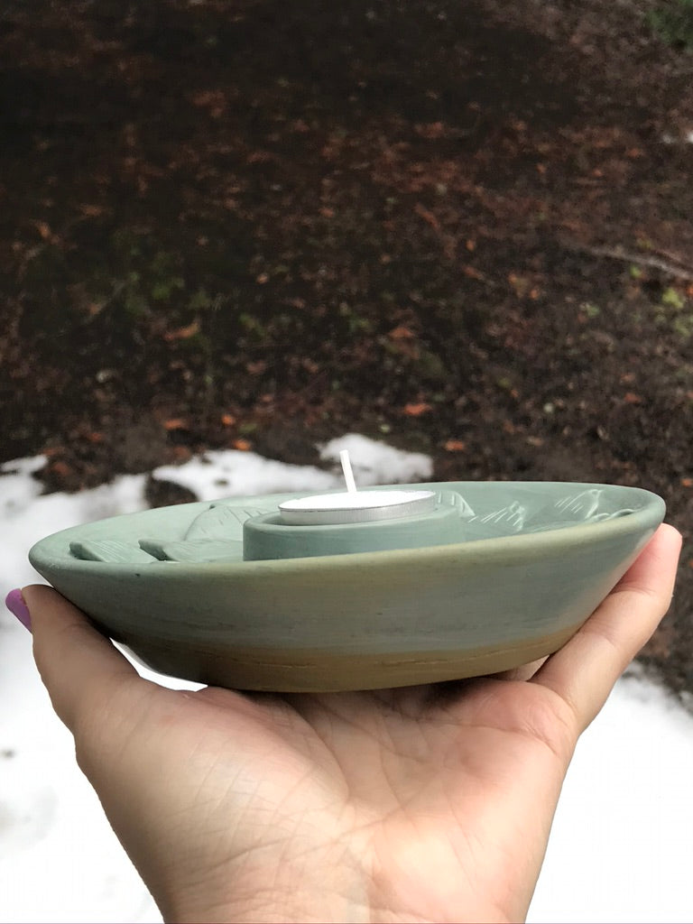 Jade Stone Lotus Tea Light Candle Holder, Altar Offering Bowl, 6 Inch