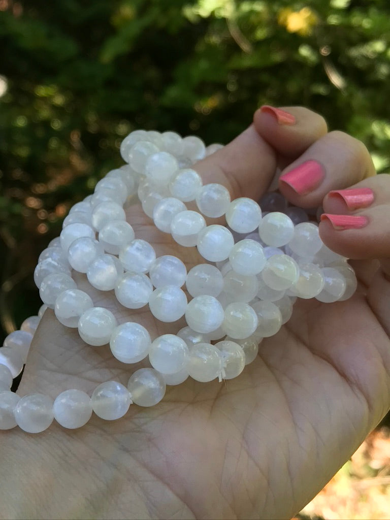 Selenite 8 mm Natural Crystal Bracelet, Stretchy, Selenite Spar