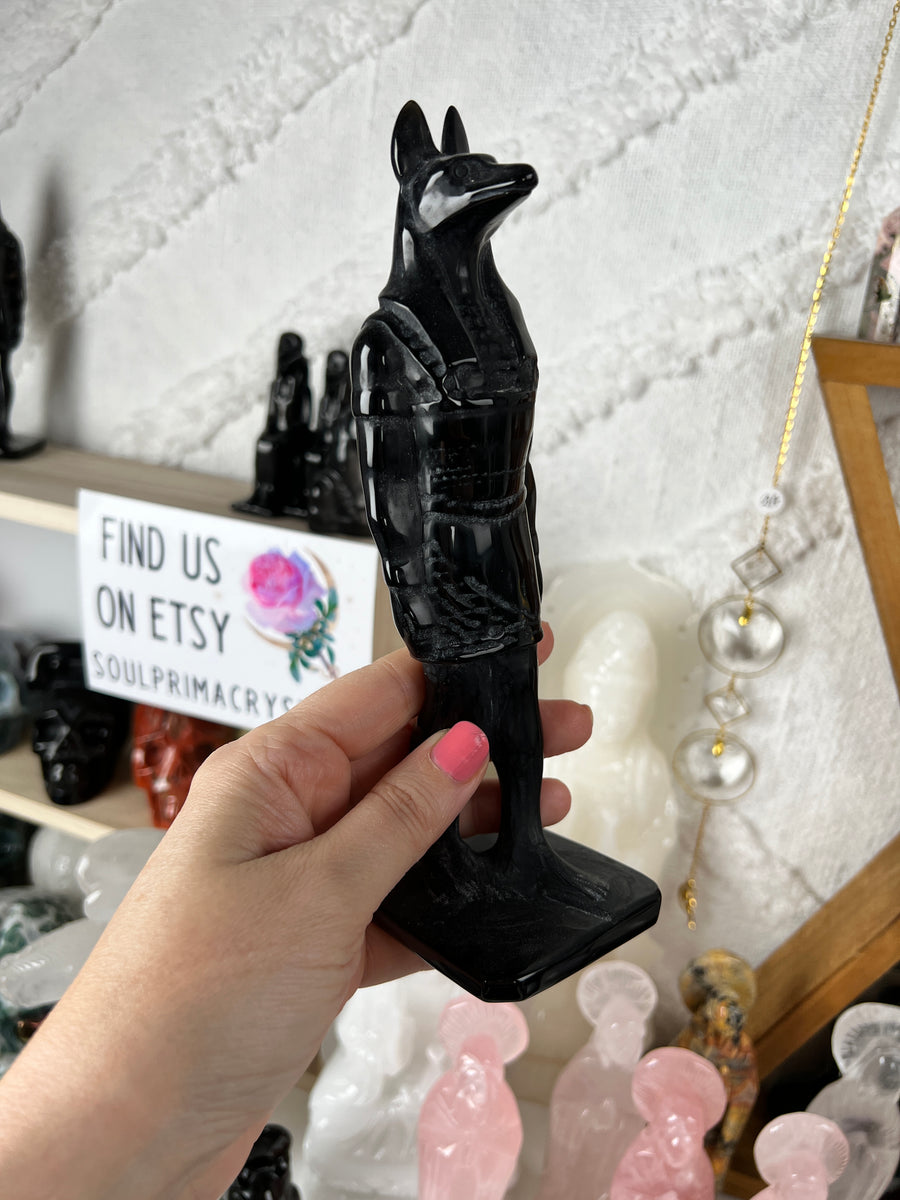 XXL or Large Egyptian Anubis Carving Standing Statue, Black Obsidian, 15cm or 21cm