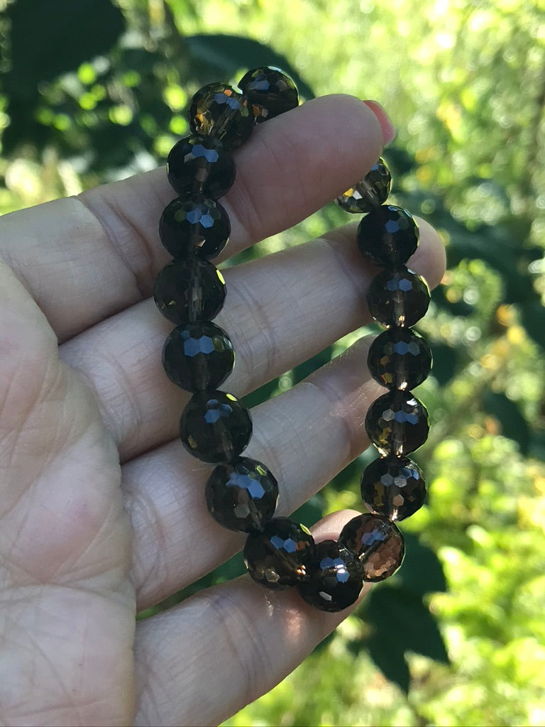 Smoky Quartz Faceted 10 mm Natural Crystal Bracelet, Stretchy, Large Beads