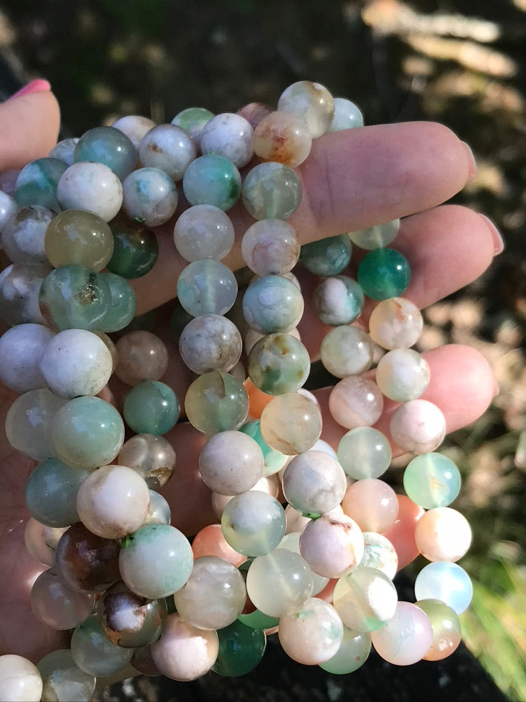 Green Flower Agate 10 mm High Grade Natural Crystal Bracelet, Stretchy, Large Bead Size
