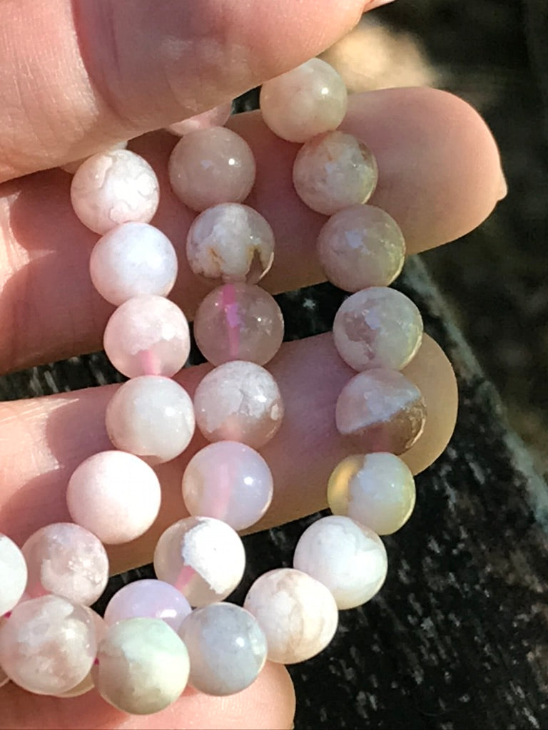 Flower Agate 8 mm Natural Crystal Bracelet, Stretchy, Cherry Blossom