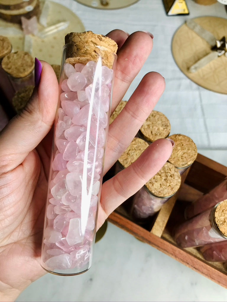 Rose Quartz Chips Gift Jar in Glass Vial with Cork Top, XL, 100 grams of Crystals