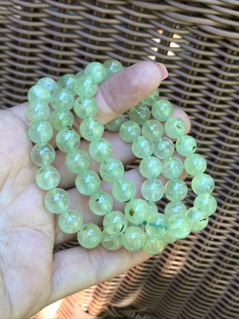 Prehnite Epidote 10 mm Natural Crystal Bracelet, Stretchy, Large Beads
