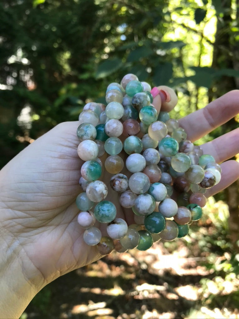 Green Flower Agate 10 mm High Grade Natural Crystal Bracelet, Stretchy, Large Bead Size