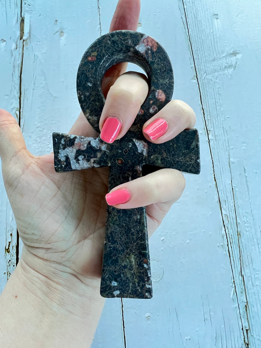 Red Snowflake Obsidian Ankh Cross 6 Inch
