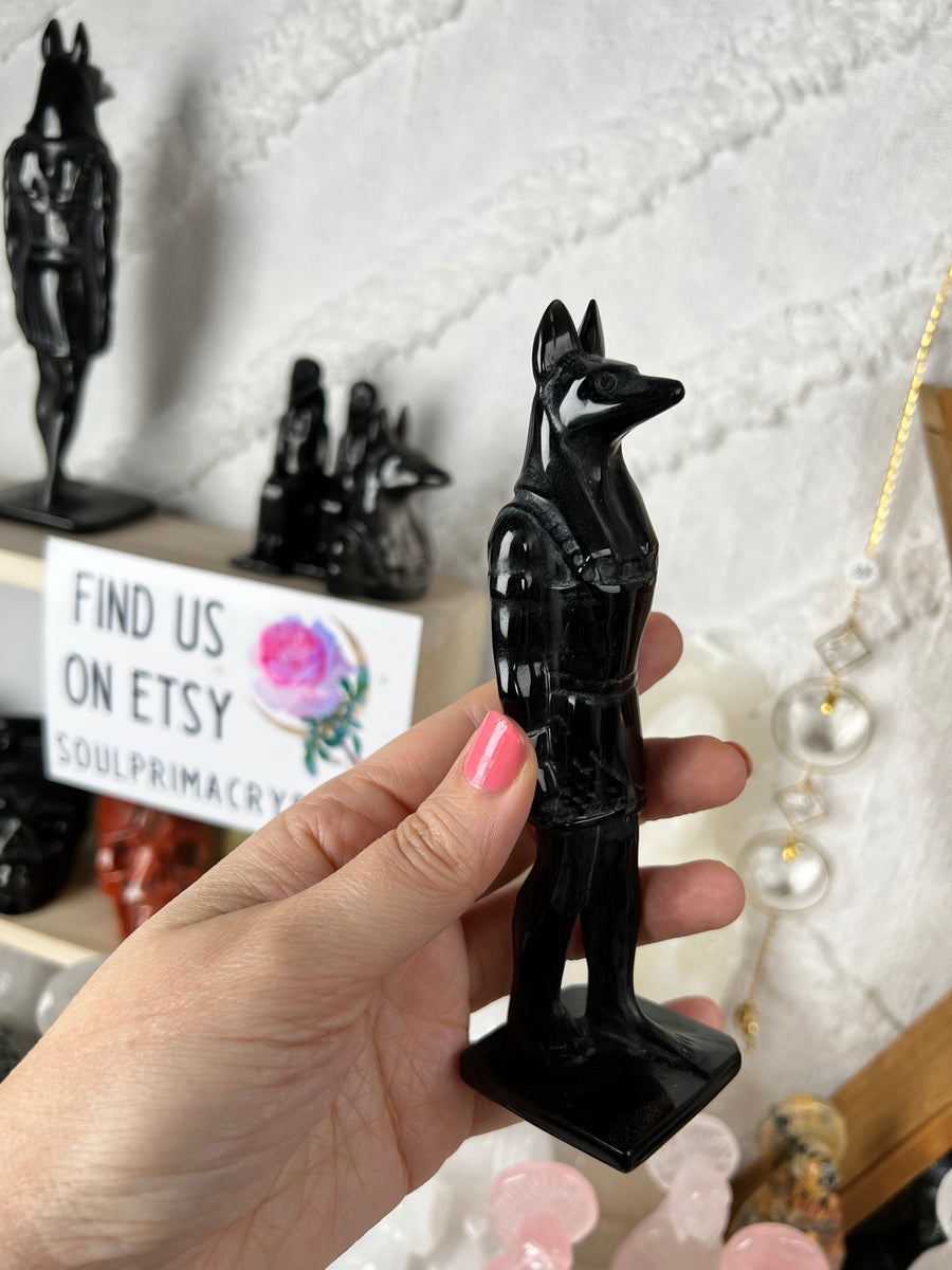 XXL or Large Egyptian Anubis Carving Standing Statue, Black Obsidian, 15cm or 21cm