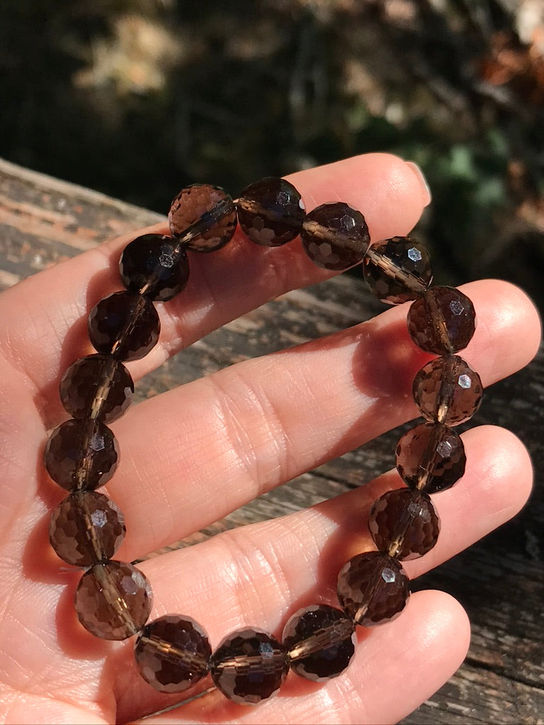 Smoky Quartz Faceted 10 mm Natural Crystal Bracelet, Stretchy, Large Beads