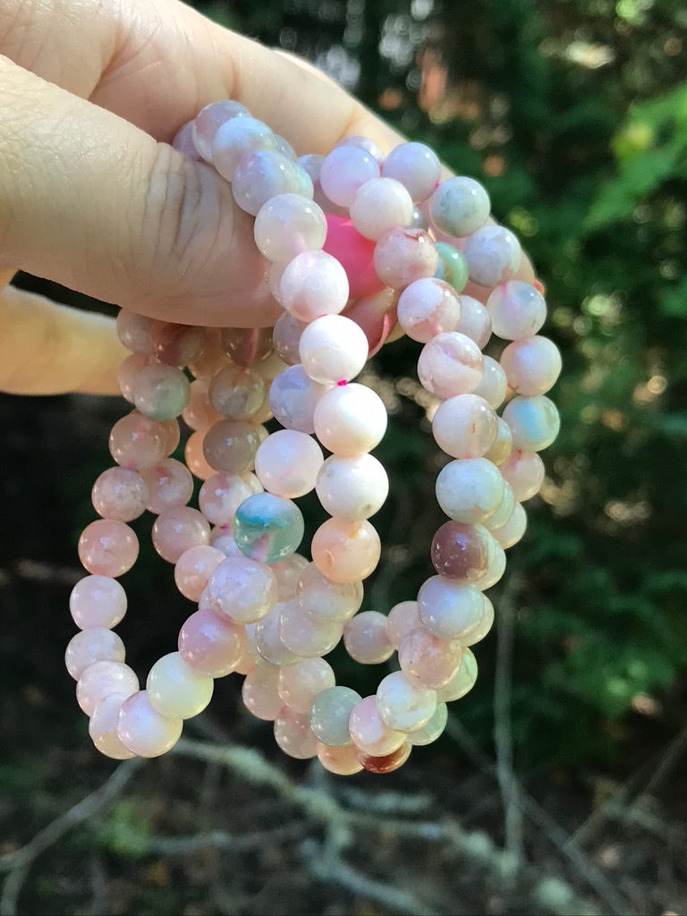 Flower Agate 8 mm Natural Crystal Bracelet, Stretchy, Cherry Blossom