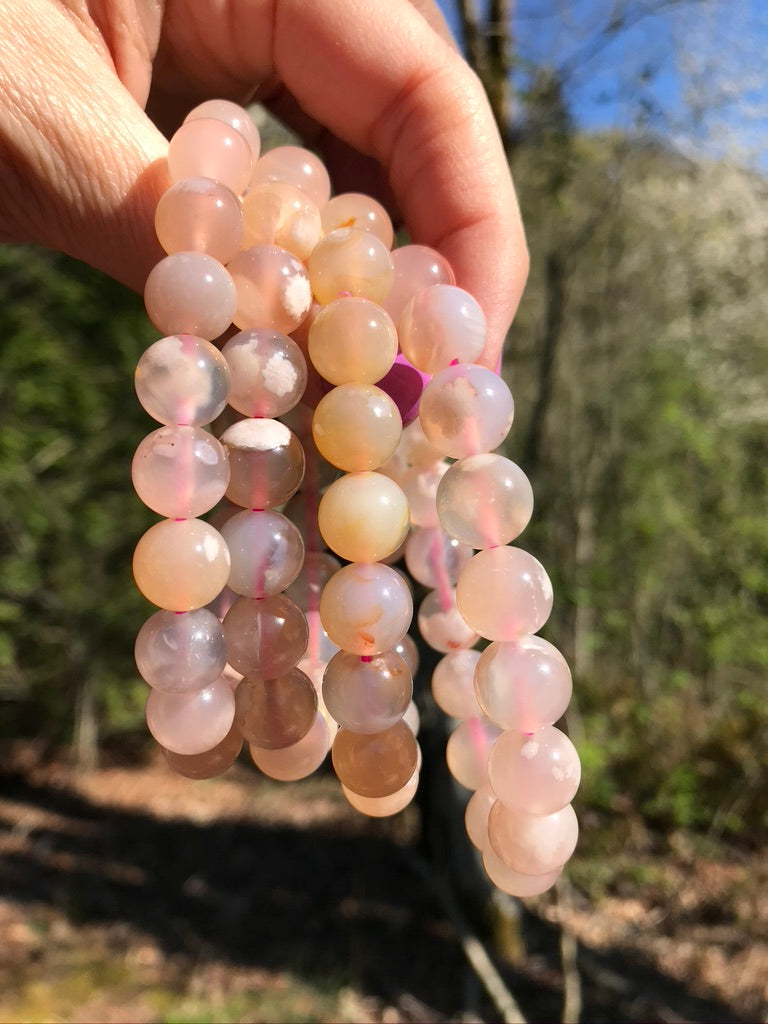 Flower Agate 10 mm High Grade Natural Crystal Bracelet, Stretchy, Large Beads