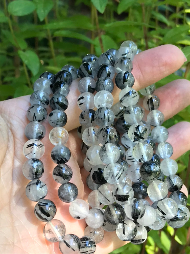 Black Tourmaline Quartz 8 mm Natural Crystal Bracelet, Stretchy, Tourmalated Quartz