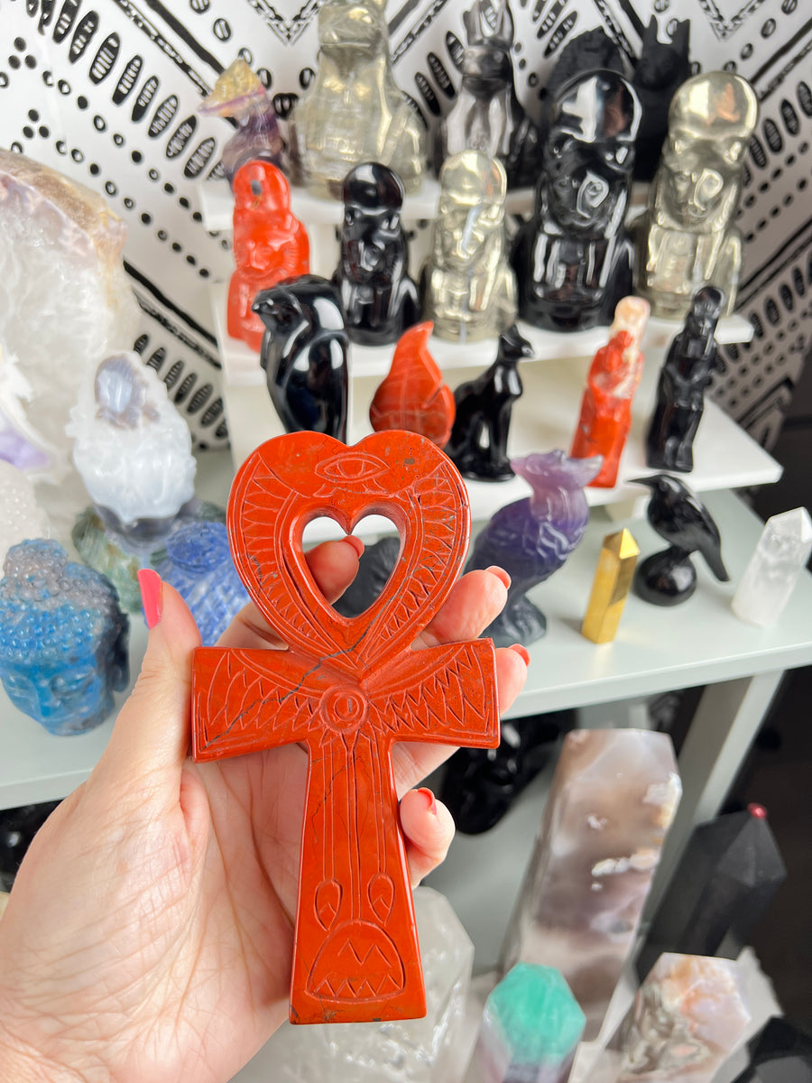 Red Jasper Egyptian Carving Heart Ankh Cross, 6 Inch