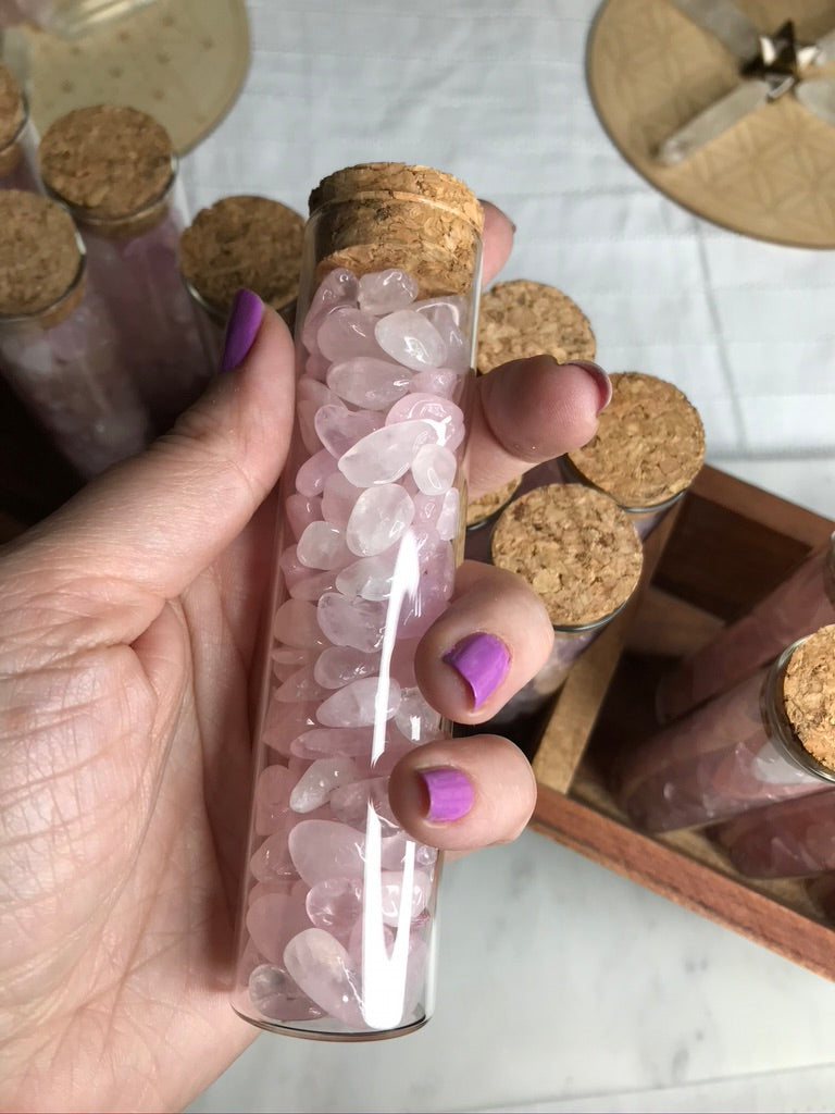 Rose Quartz Chips Gift Jar in Glass Vial with Cork Top, XL, 100 grams of Crystals
