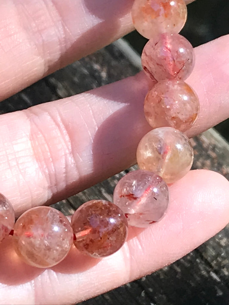 Fire Quartz 10 mm Bracelet for Confidence, Stretchy, Large Beads, Hematoid Quartz
