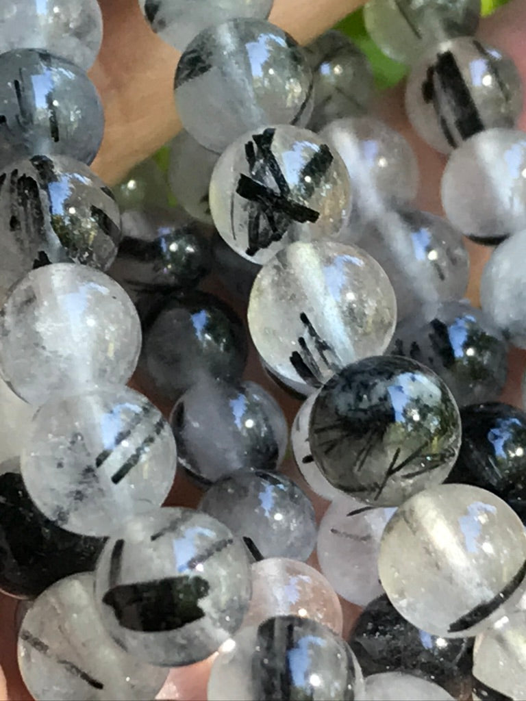 Black Tourmaline Quartz 8 mm Bracelet for Grounding & Holding Intentions, Stretchy, Tourmalated Quartz