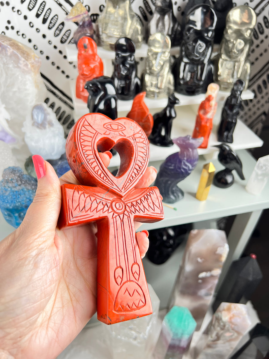 Red Jasper Egyptian Carving Heart Ankh Cross, 6 Inch