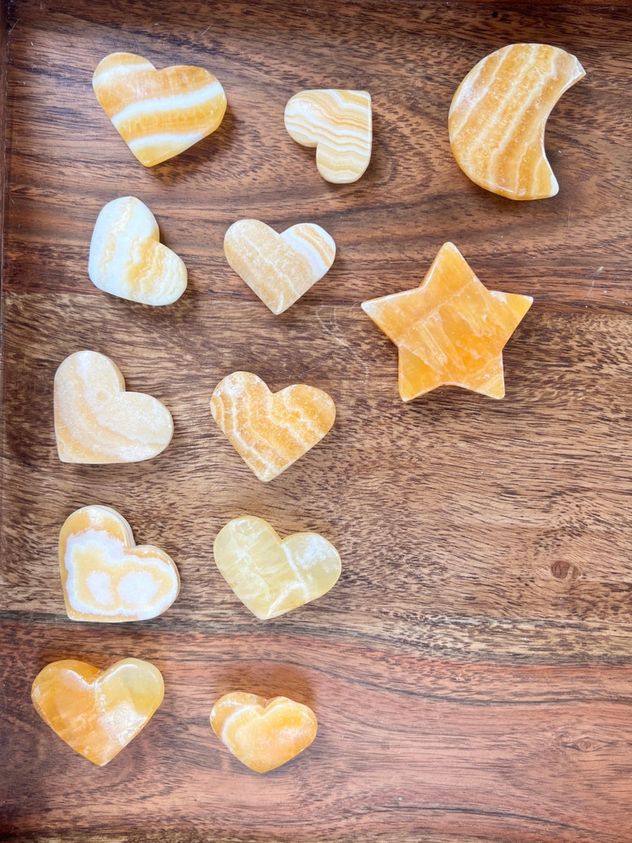 Banded Yellow Calcite Carvings, Assorted Clouds, Moon, Stars, Hearts  -RESERVED FOR INSTAGRAM LIVE SALE--JOIN OUR INSTAGRAM LIVE SALES AT SOULPRIMACRYSTALS, OR EMAIL US AT HELLO@SOULPRIMA.COM FOR INFO