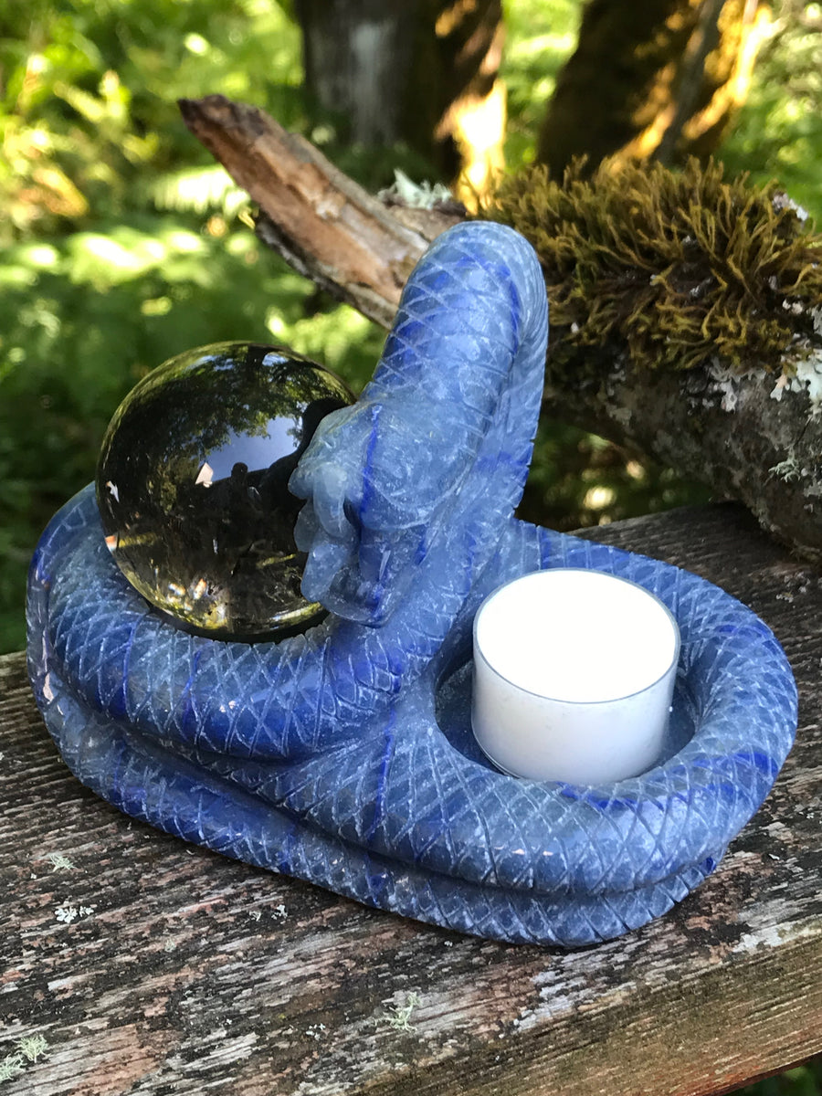 Snake Dragon Twin Tea Light Candle Holder, Altar Offering Bowl, Blue Aventurine