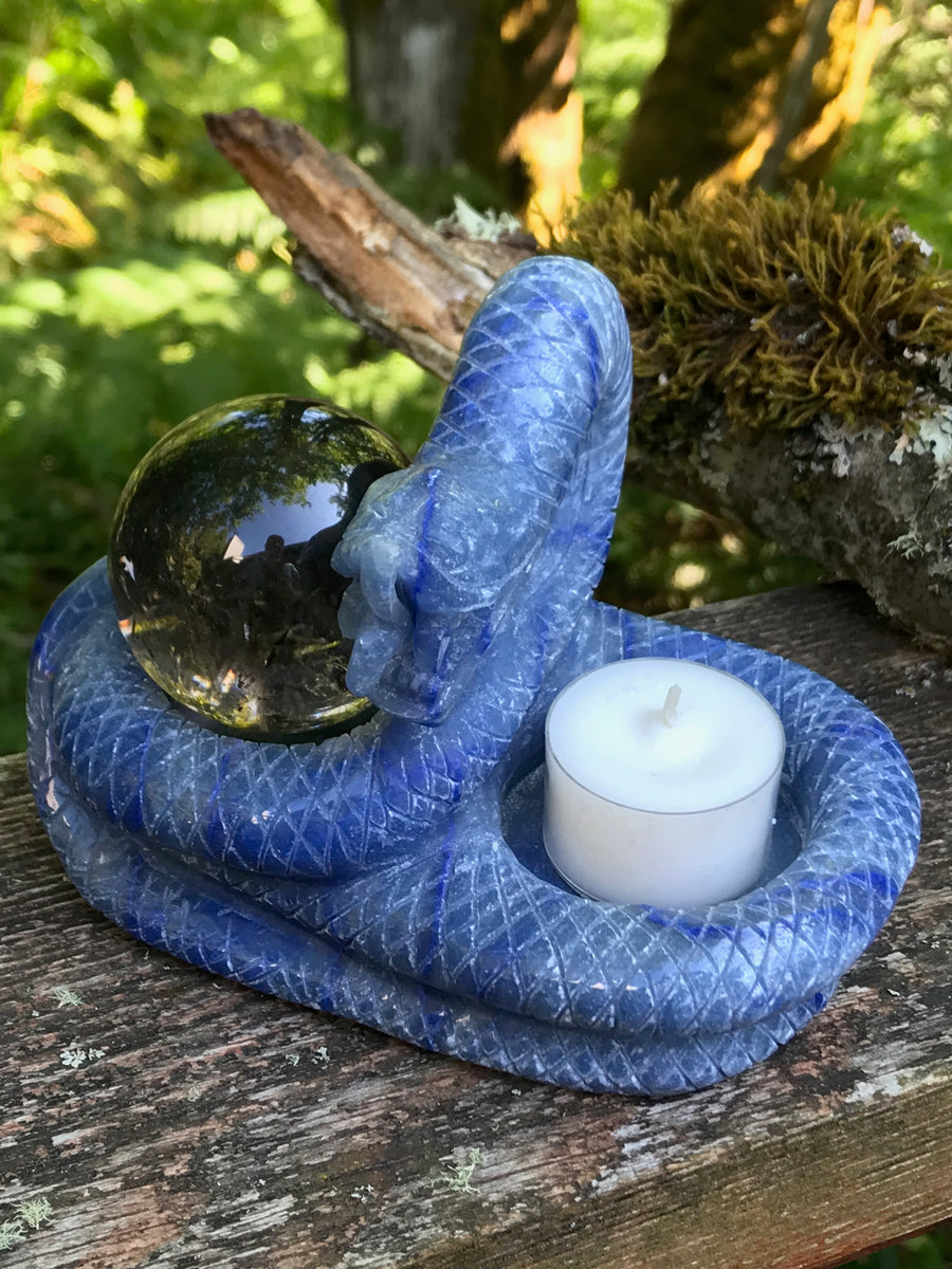 Snake Dragon Twin Tea Light Candle Holder, Altar Offering Bowl, Blue Aventurine