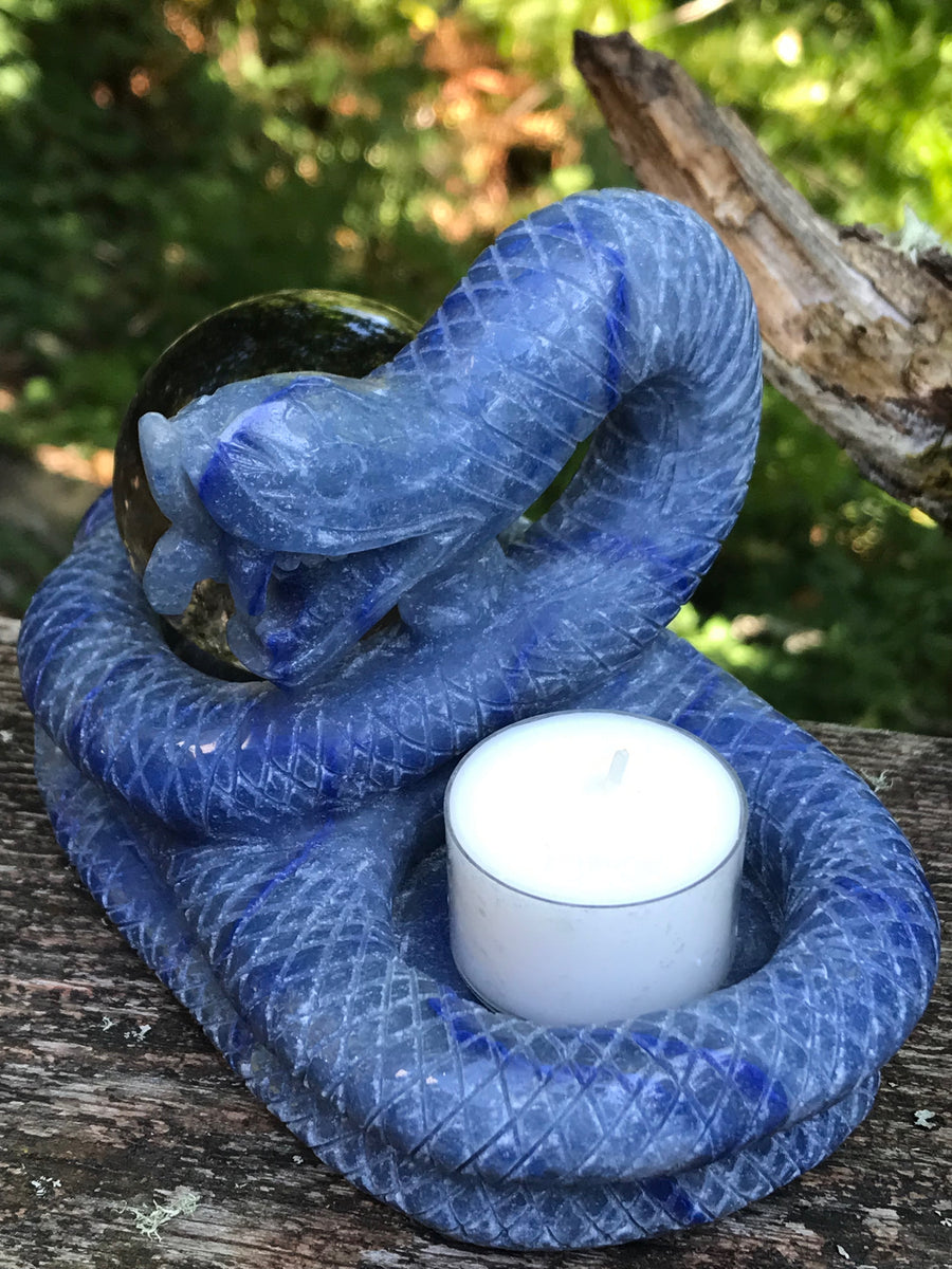 Snake Dragon Twin Tea Light Candle Holder, Altar Offering Bowl, Blue Aventurine