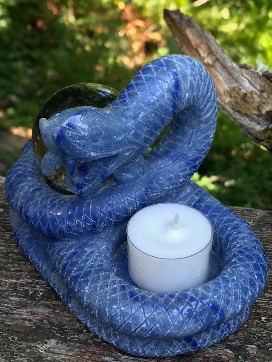 Snake Dragon Twin Tea Light Candle Holder, Altar Offering Bowl, Blue Aventurine