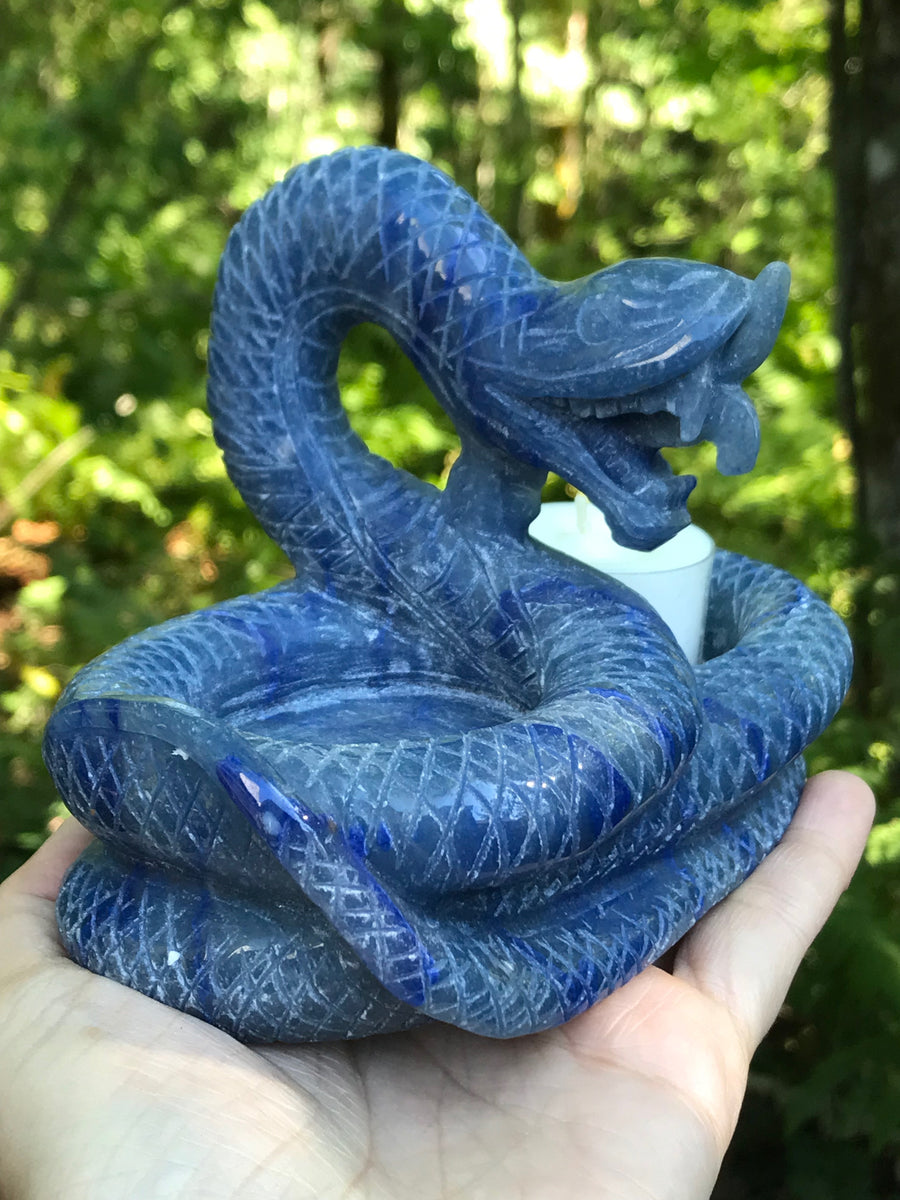 Snake Dragon Twin Tea Light Candle Holder, Altar Offering Bowl, Blue Aventurine